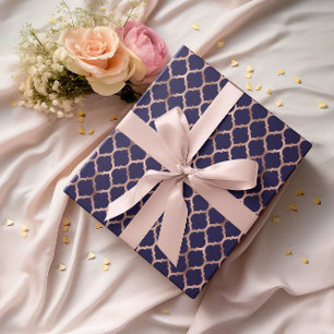 Papier Cadeau Faux or rose et bleu marine quatrefeuille