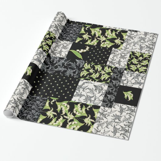 Papier Cadeau Faux Patchwork Cadeau : Lily de la Vallée, Noir (Déroulé)