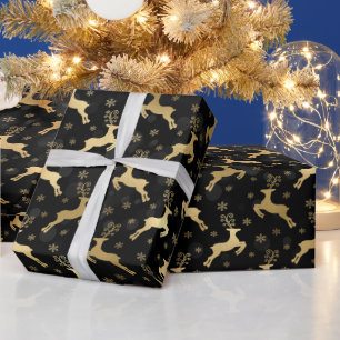 Papier Cadeau Faux renne de Noël en feuille d'or & bokeh noir
