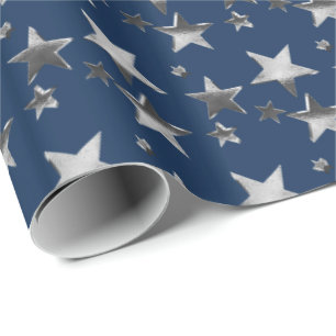 Papier Cadeau Faux Silver Christmas Stars Motif Navy Blue