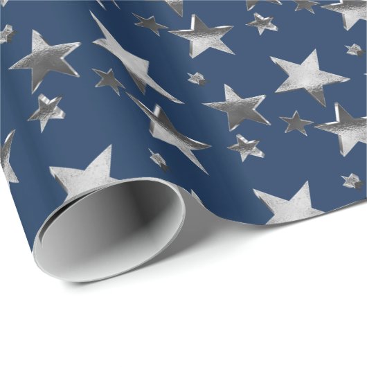 Papier Cadeau Faux Silver Christmas Stars Motif Navy Blue (Coin rond)