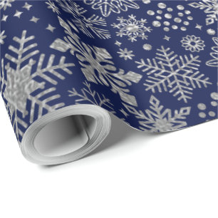 Papier Cadeau Faux Silver Foil Snowflakes Marine Motif