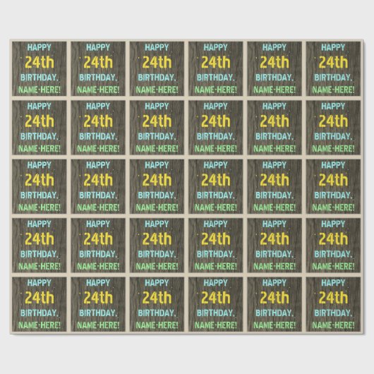 Papier Cadeau Faux Wood, Peint Texte Look, 24e anniversaire + No (Plat)
