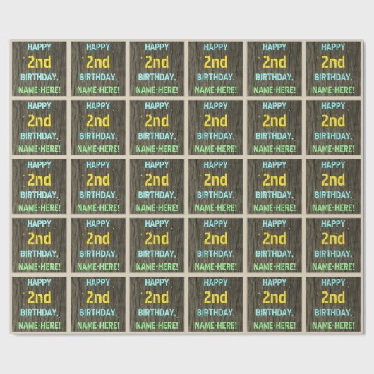 Papier Cadeau Faux Wood, Peint Texte Look, 2e anniversaire + Nom (Plat)