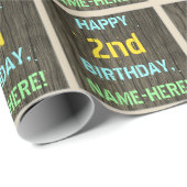 Papier Cadeau Faux Wood, Peint Texte Look, 2e anniversaire + Nom (Coin rond)