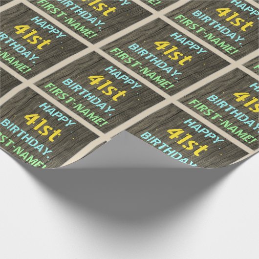 Papier Cadeau Faux Wood, Peint Texte Look, 41e anniversaire + No (Coin)