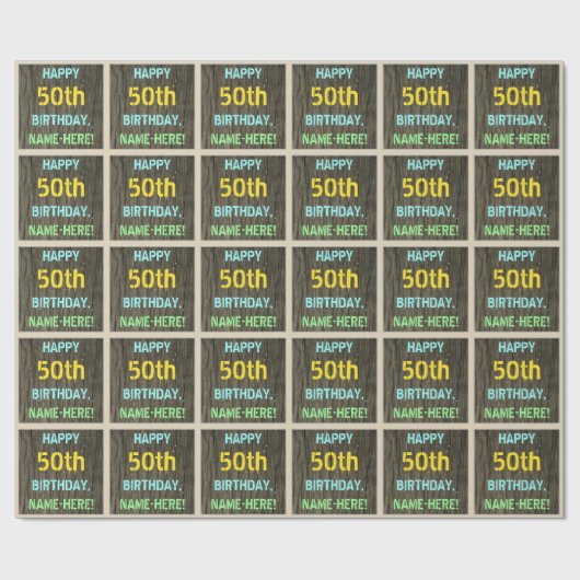 Papier Cadeau Faux Wood, Peint Texte Look, 50e anniversaire + No (Plat)