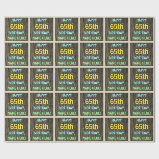 Papier Cadeau Faux Wood, Peint Texte Look, 65e anniversaire + No (Plat)