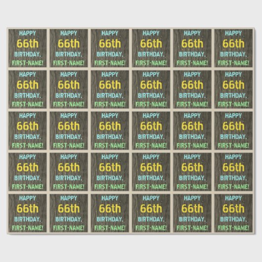 Papier Cadeau Faux Wood, Peint Texte Look, 66e anniversaire + No (Plat)