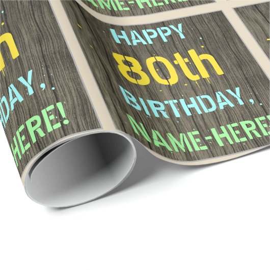 Papier Cadeau Faux Wood, Peint Texte Look, 80e anniversaire + No (Coin rond)