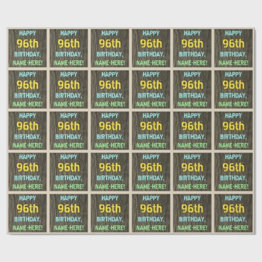 Papier Cadeau Faux Wood, Peint Texte Look, 96e anniversaire + No (Plat)
