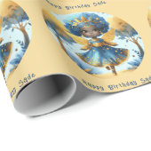 Papier Cadeau Fée africaine Anniversaire Turquoise or rose princ (Coin rond)