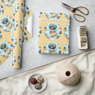Papier Cadeau Fée africaine Anniversaire Turquoise or rose princ