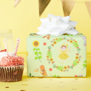 Papier Cadeau Fée de jardin avec ses amis animaux fête d'anniver