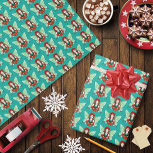 Papier Cadeau Fée de Noël Fantastique Houx Cloches Poinsettias