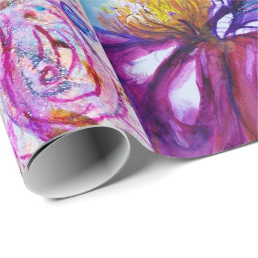 PAPIER CADEAU FÉE FLEUR MIGNONNE ET FANTAISISTE EN ROSE, ÉCLATS  (Coin rond)