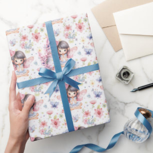 Papier Cadeau Fée mignonne en Casquette d'anniversaire, Fleurs,