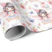 Papier Cadeau Fée mignonne en Casquette d'anniversaire, Fleurs,  (Coin rond)