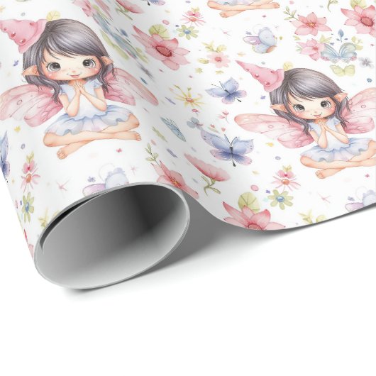 Papier Cadeau Fée mignonne en Casquette d'anniversaire, Fleurs, (Coin rond)