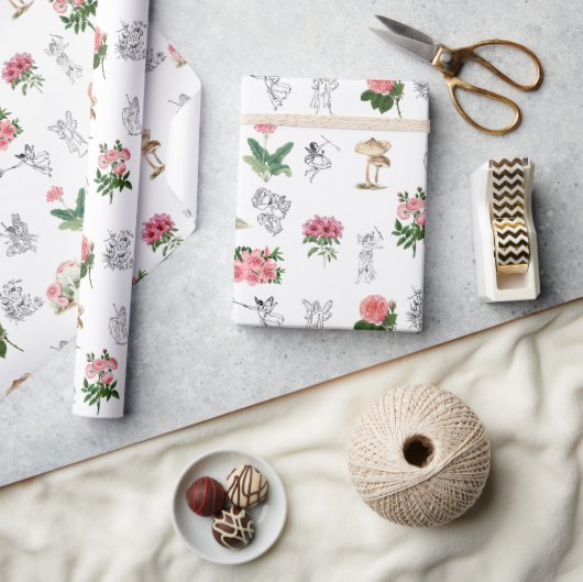 Papier Cadeau Fées Rose Floral & Champignons Motif de fées (Artisanat)