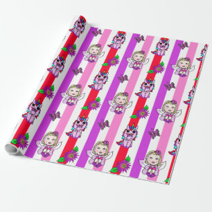 Papier Cadeau Fées violettes et roses, Fleurs et Papillons