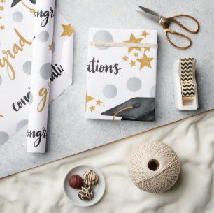 Papier Cadeau Félicitations Grad Étoiles Dorées Grises à Points