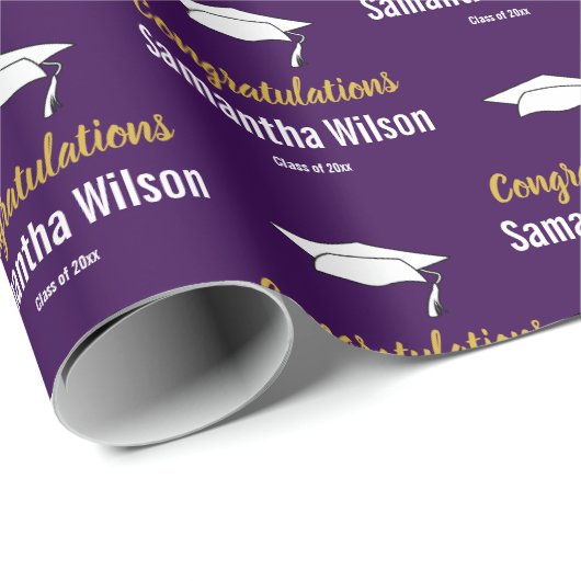 Papier Cadeau Félicitations Grad Nom foncé violet or blanc (Coin rond)