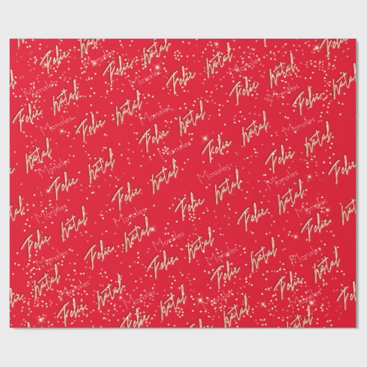 Papier Cadeau Feliz Natal Golden Script Personnalisé Nom Rouge c (Plat)