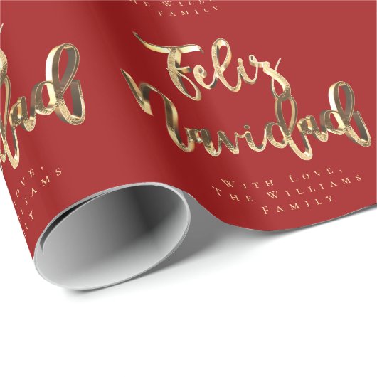 Papier Cadeau Feliz Navidad Élégant Script rouge et or (Coin rond)
