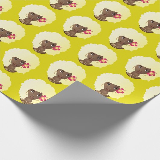 Papier Cadeau Femme noire, Afro blonde avec fleur, Jaune (Coin)