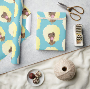Papier Cadeau Femme noire, Afro blonde, Bubblegum rose, Bleu