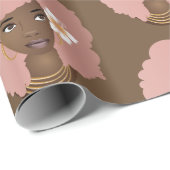 Papier Cadeau Femme noire, Afro rose avec Fleur, Brown (Coin rond)