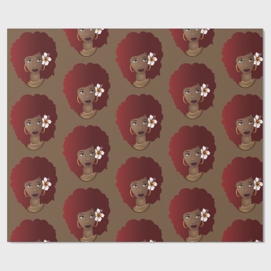 Papier Cadeau Femme noire, Afro rouge avec fleur, Brown (Plat)