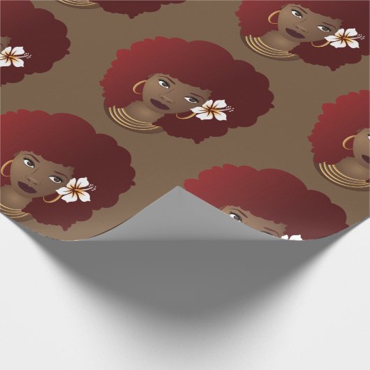 Papier Cadeau Femme noire, Afro rouge avec fleur, Brown (Coin)
