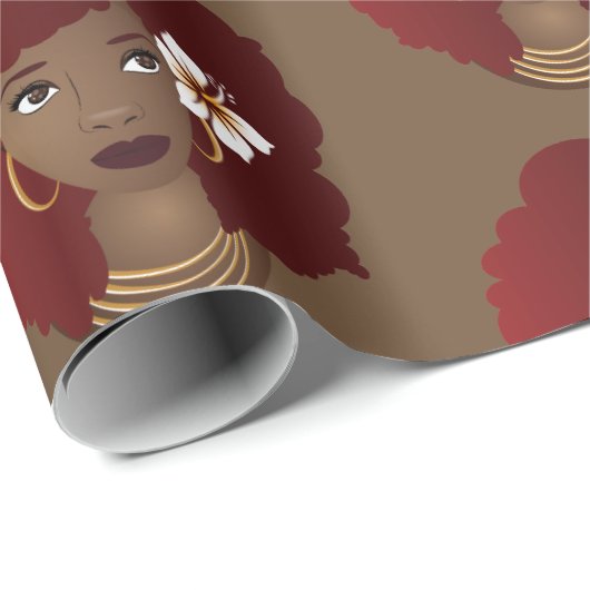 Papier Cadeau Femme noire, Afro rouge avec fleur, Brown (Coin rond)