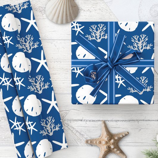 Papier Cadeau Fer de Noël de la côte Sable Dollar Marine Bleu
