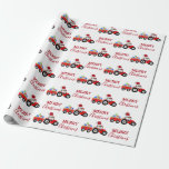 Papier Cadeau Ferme de camions Red Christmas Truck<br><div class="desc">Une jolie illustration d'un camion tracteur rouge de Noël portant un chapeau de Père Noël et décoré de lumières de Noël remorquant une charrette remplie de cadeaux de Noël. Parfait pour les garçons et les filles qui aiment les tracteurs, les camions, les machines lourdes, l'agriculture ou tout simplement aimer jouer...</div>