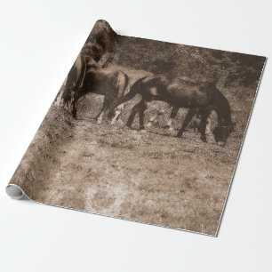 Papier Cadeau Ferme de cheval Pays Vintage Rustique Sepia Ouest
