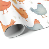 Papier Cadeau Ferme de poulets aquarelle colorée fantaisiste (Coin rond)