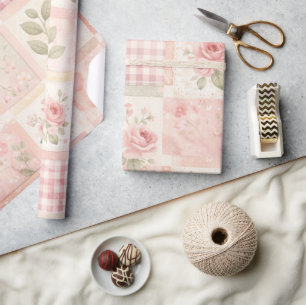 Papier Cadeau Ferme Féminine Patchwork Rose Pâle Courtepoint