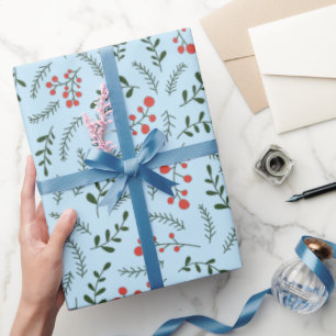 Papier Cadeau Ferme pastel bleu clair vert feuillage motif