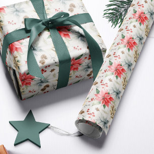 Papier Cadeau Ferme Poinsettia Bois Noël rustique