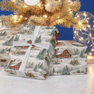 Papier Cadeau Ferme rustique enneigée, motif hivernal