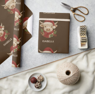 Papier Cadeau Ferme rustique Highland Cow avec Santa Hat
