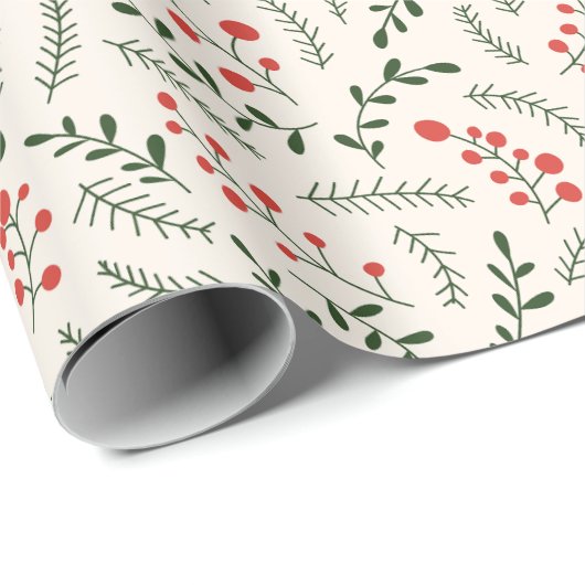 Papier Cadeau Ferme verte crème rouge feuillage motif mignon (Coin rond)