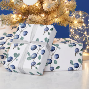 Papier Cadeau Festif Aquarelle Baies Bleues de Noël
