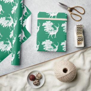 Papier Cadeau Festif Elegant Vintage Blanc Cerf de Noël Vert