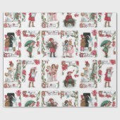 Papier Cadeau Festif Enfants victoriens avec voeux de Noël (Plat)