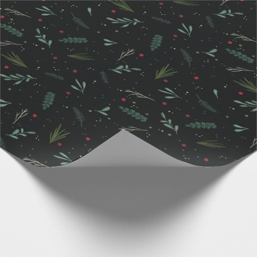 Papier Cadeau Festif Feuilles de Noël Berries Botanical Black (Coin)