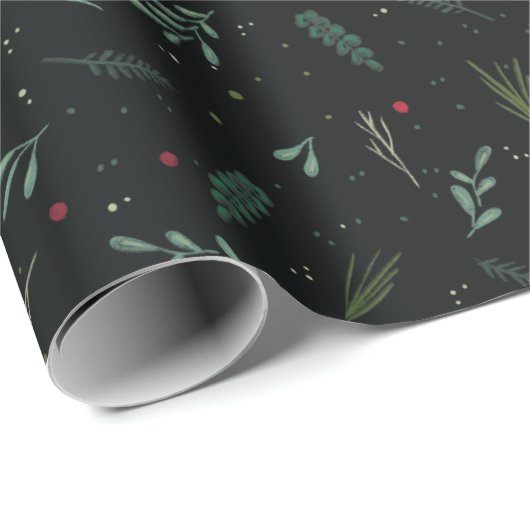 Papier Cadeau Festif Feuilles de Noël Berries Botanical Black (Coin rond)